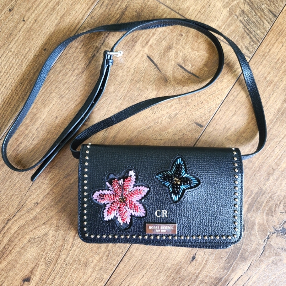 Henri Bendel Black Crossbody Bag with Floral Accents